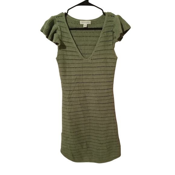 Treasure & Bond Green Crochet Knit Flutter Sleeve Linen Blend Sweater Dress Sz M - Picture 2 of 10